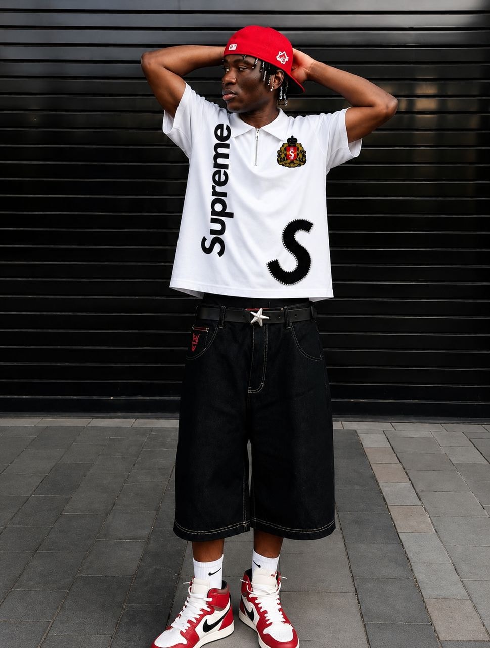Man modeling white graphic half-zip polo shirt with black shorts and sneakers.
