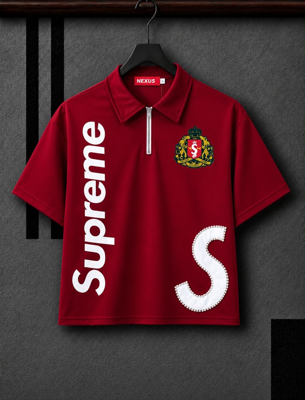 Red half-zip polo shirt with vertical Supreme print, crest logo and white pearl embellished S.