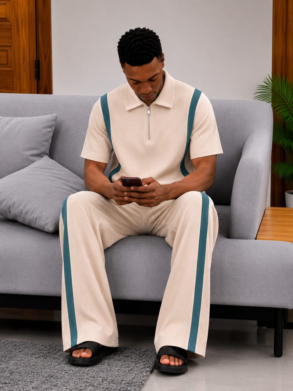 Man wearing cream ribbed 2-piece set with teal contrast stripes.