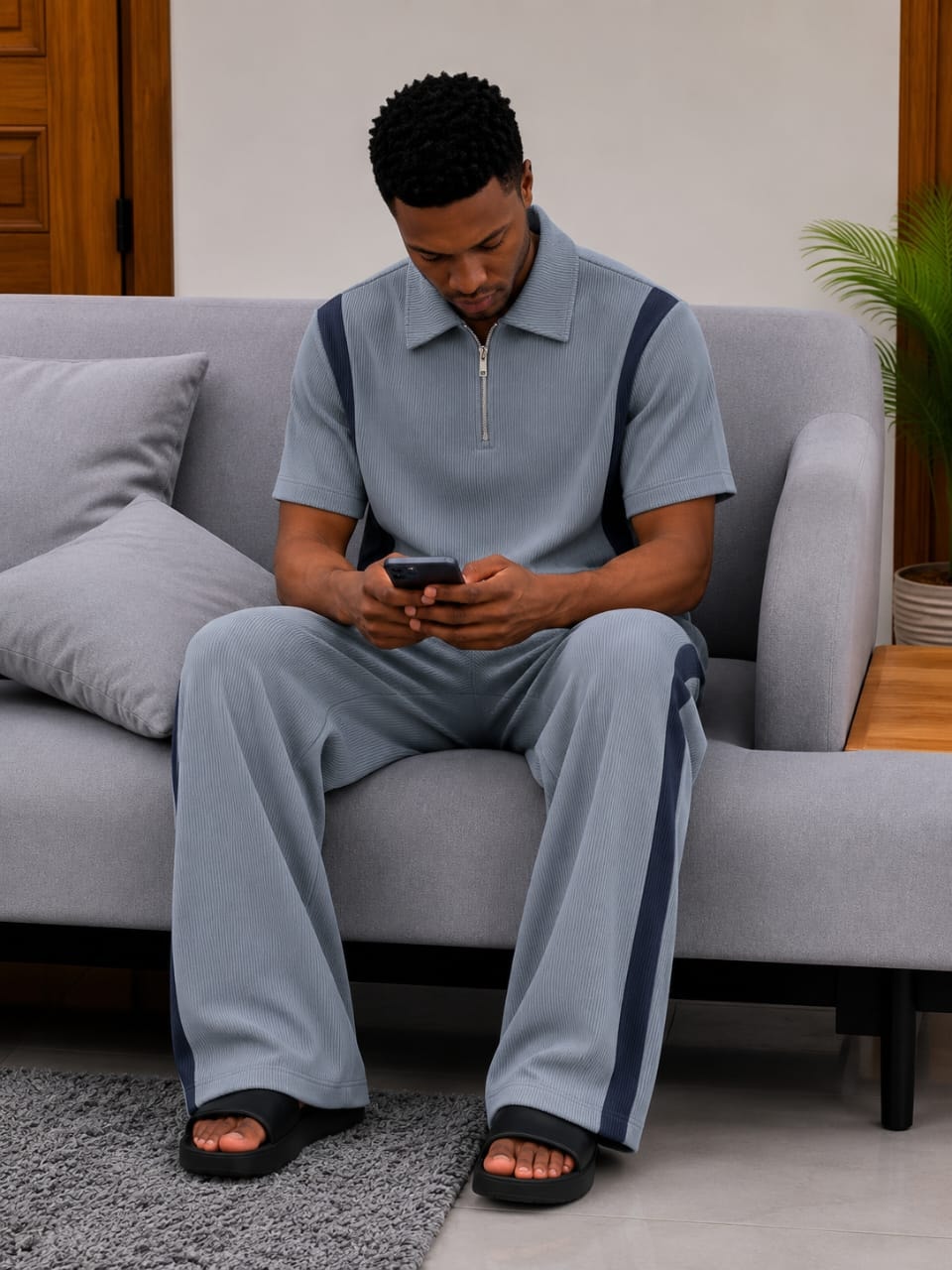 Man wearing light blue ribbed 2-piece set with navy contrast stripes.