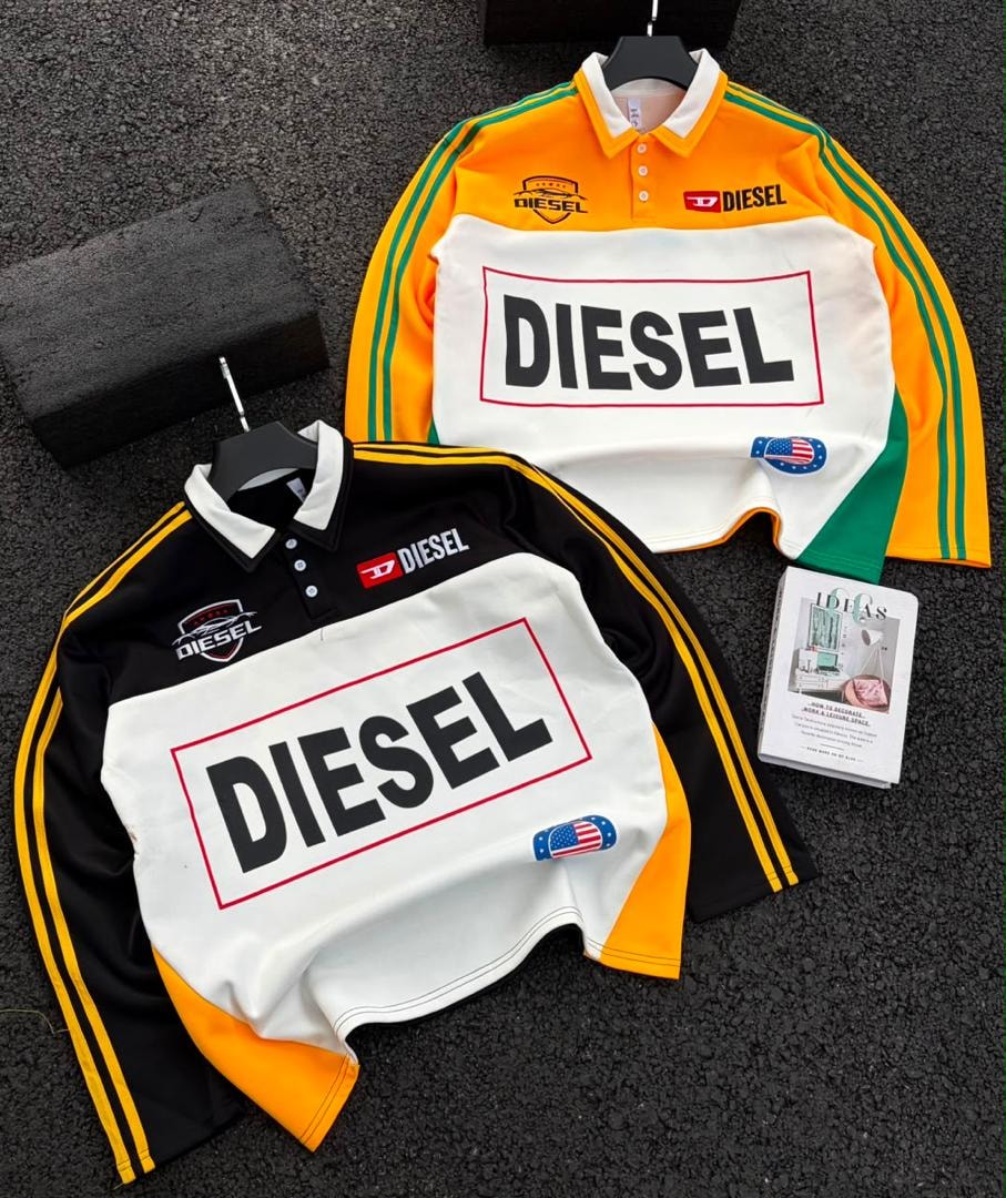 Two Diesel long sleeve polos in black/yellow and orange/green colorways with logos and patches.