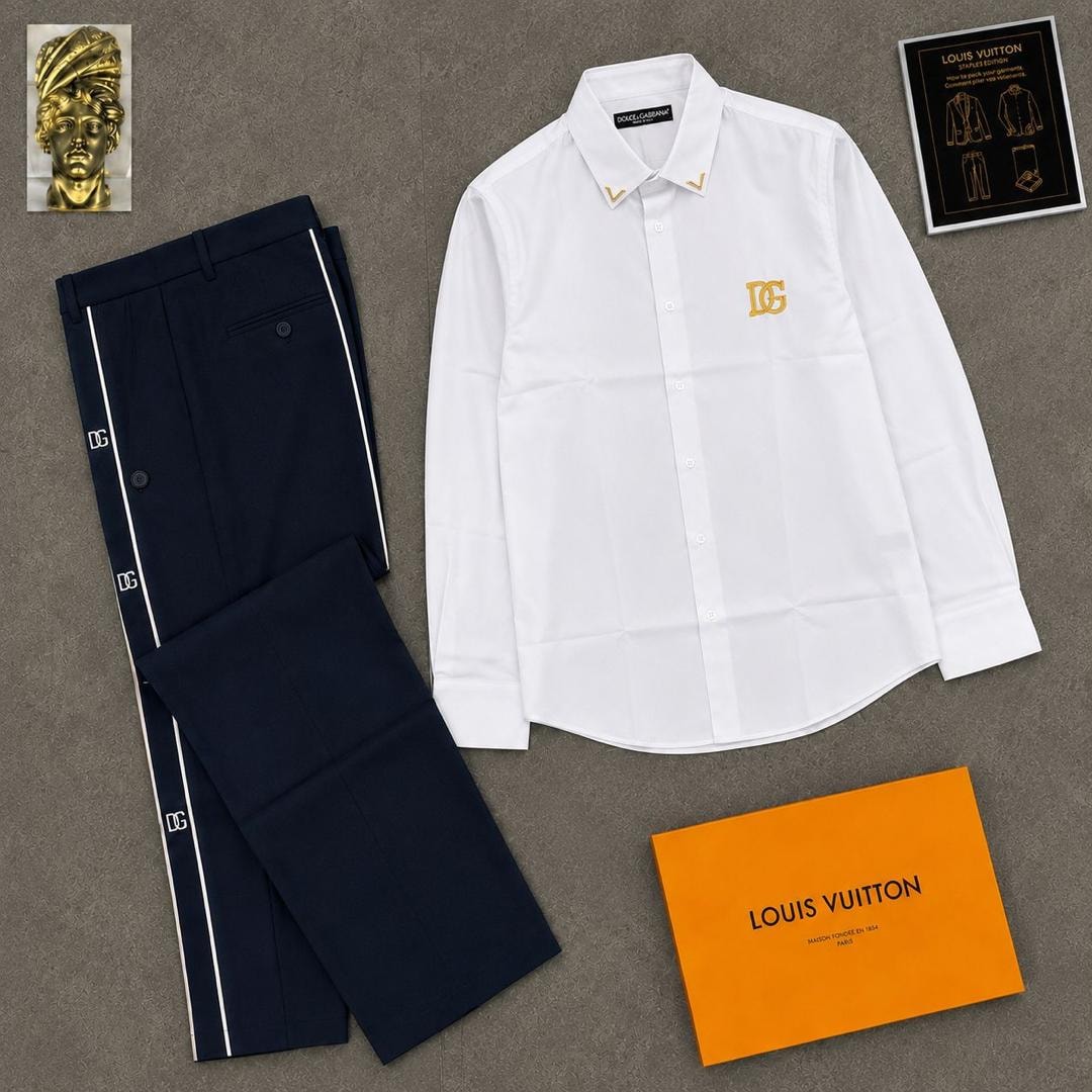 White long sleeve DG logo shirt paired with navy striped trousers and orange box.