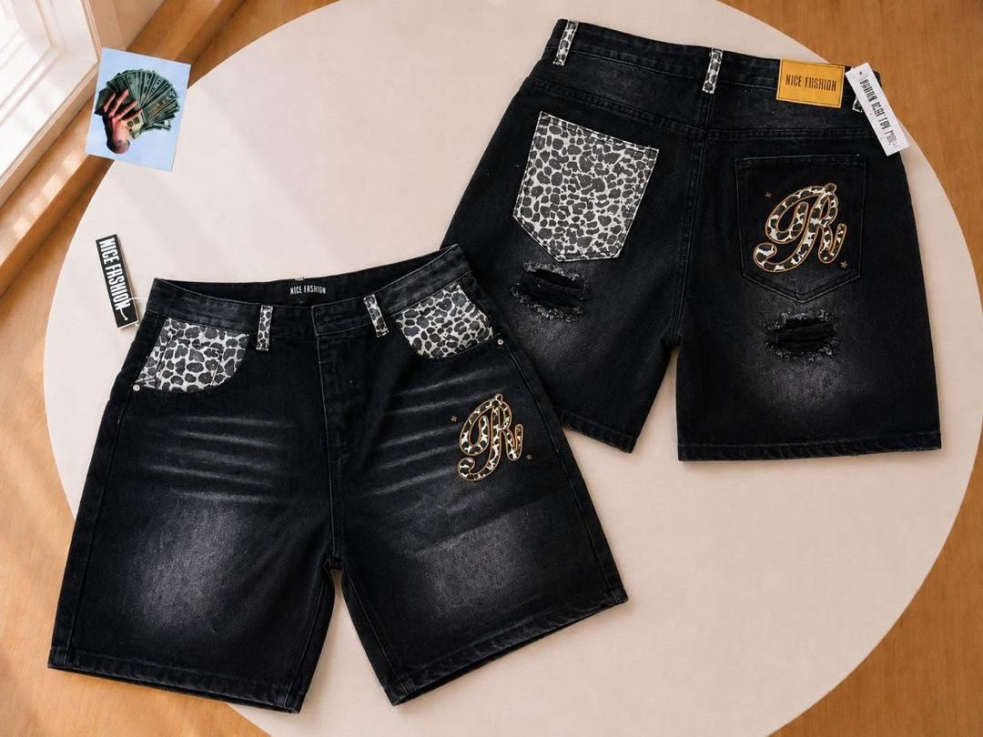Black denim shorts with leopard print pockets and R embroidery, front and back views.