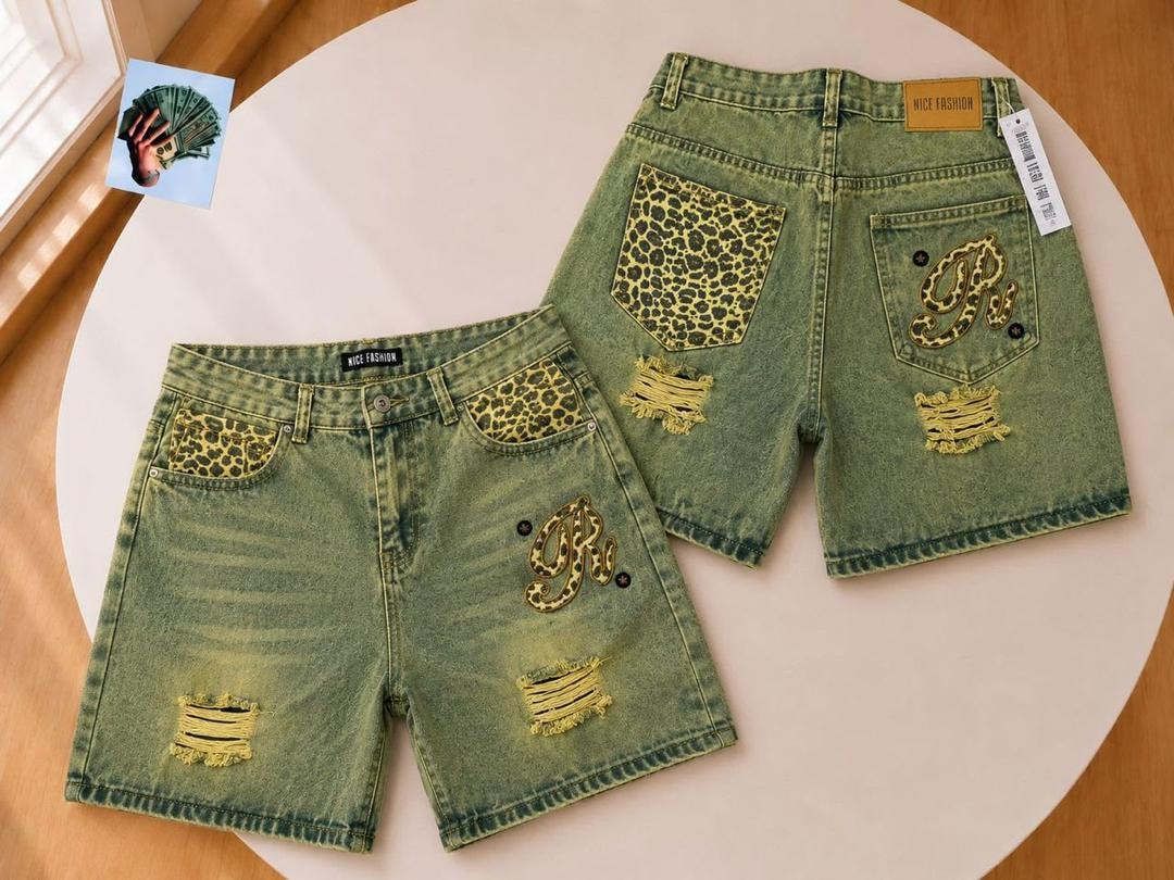 Olive denim shorts with leopard print pockets and R embroidery, front and back views.