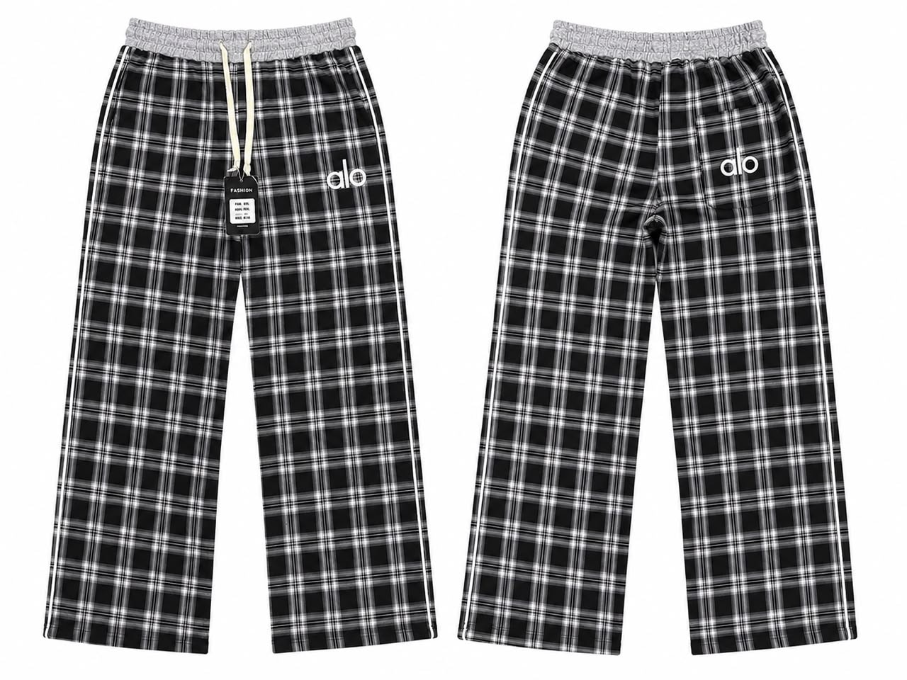 Front and back views of black and white plaid joggers with Alo logo.