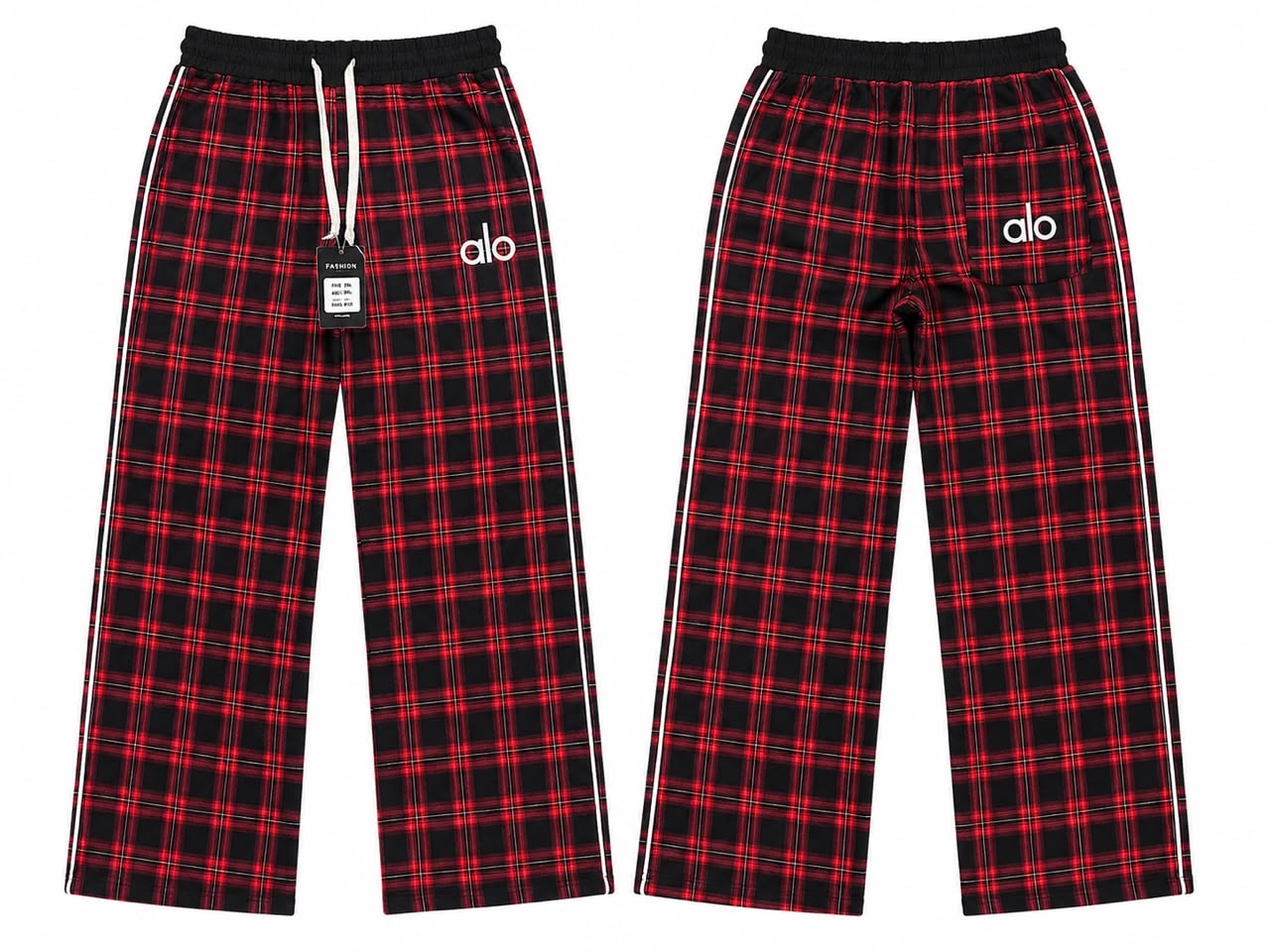 Front and back views of red and black plaid joggers with Alo logo.
