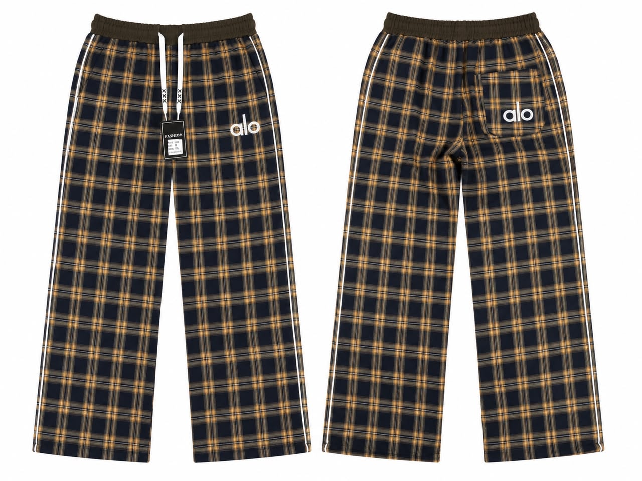Front and back views of navy and yellow plaid joggers with Alo logo.