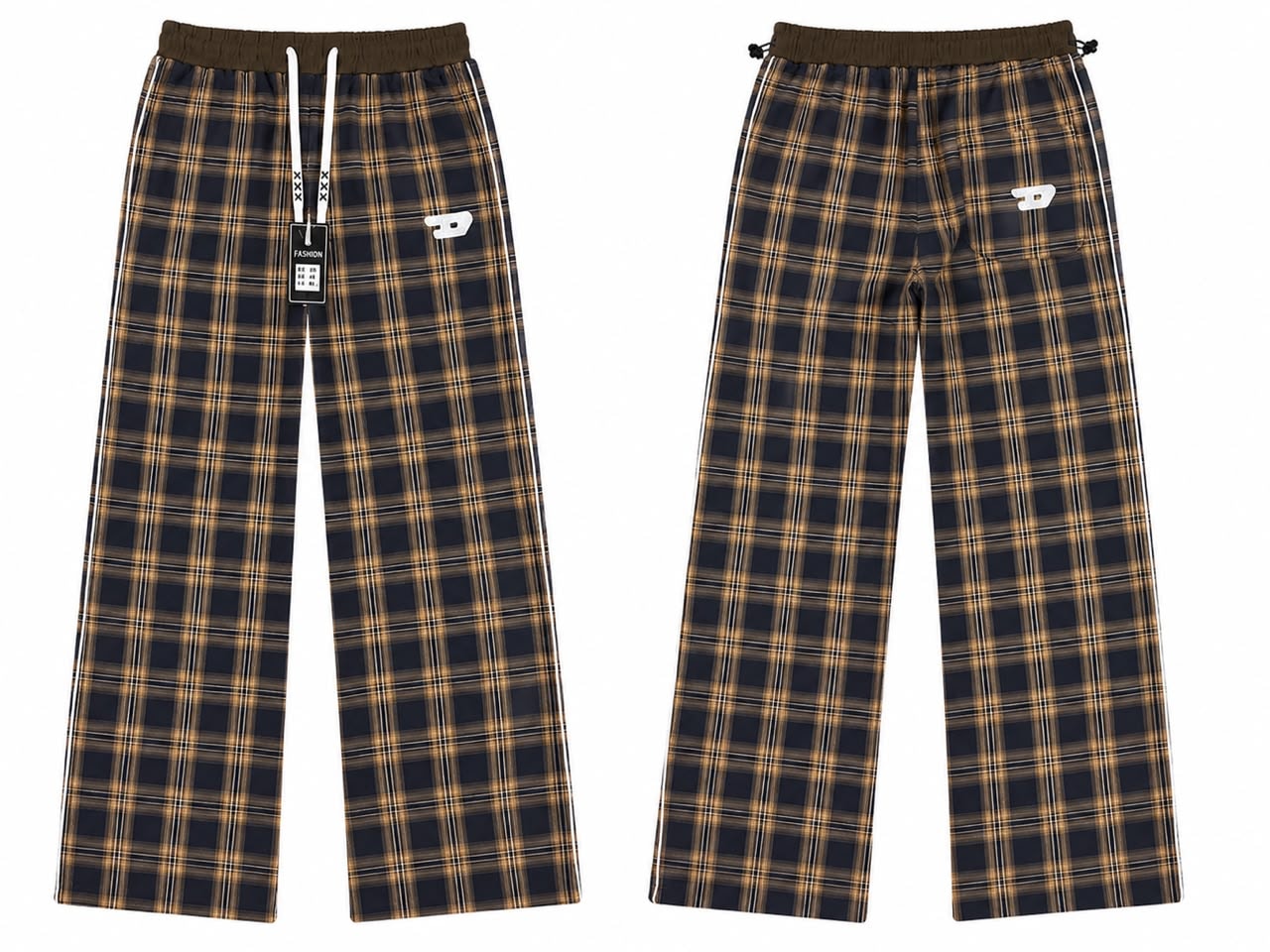 Front and back views of navy and yellow plaid joggers with D logo.
