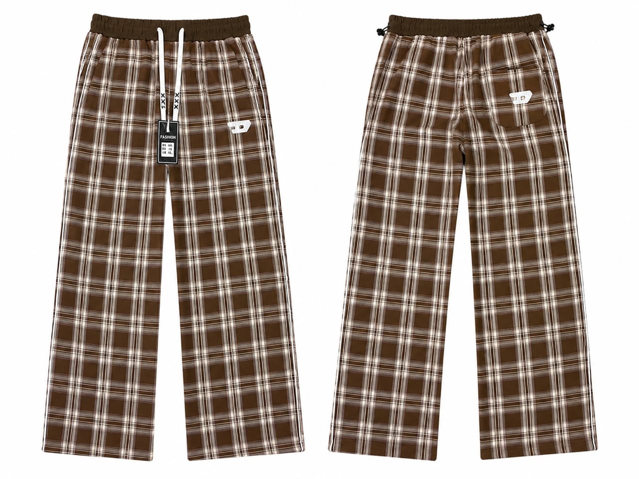 Front and back views of brown and white plaid joggers with D logo.