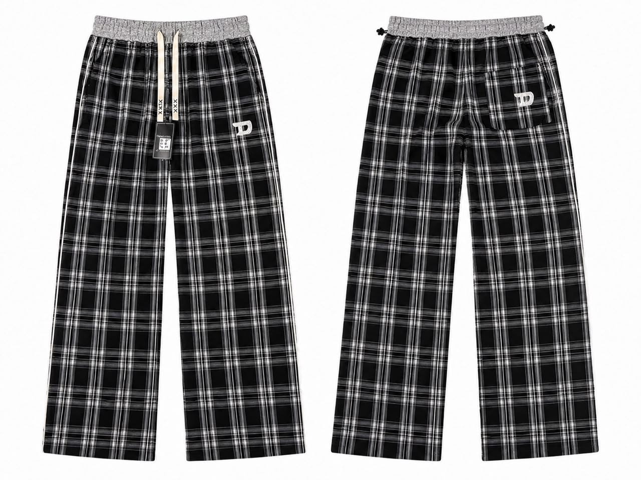 Front and back views of black and white plaid joggers with D logo.