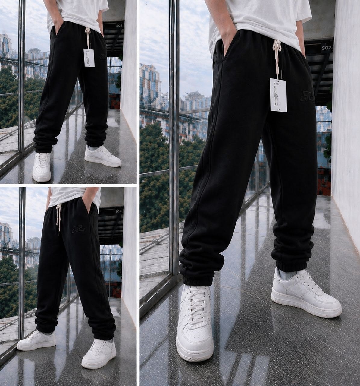Black fleece joggers with embroidered logo, drawstring waist, and cuffed ankles worn with white tee and sneakers in multiple angles.