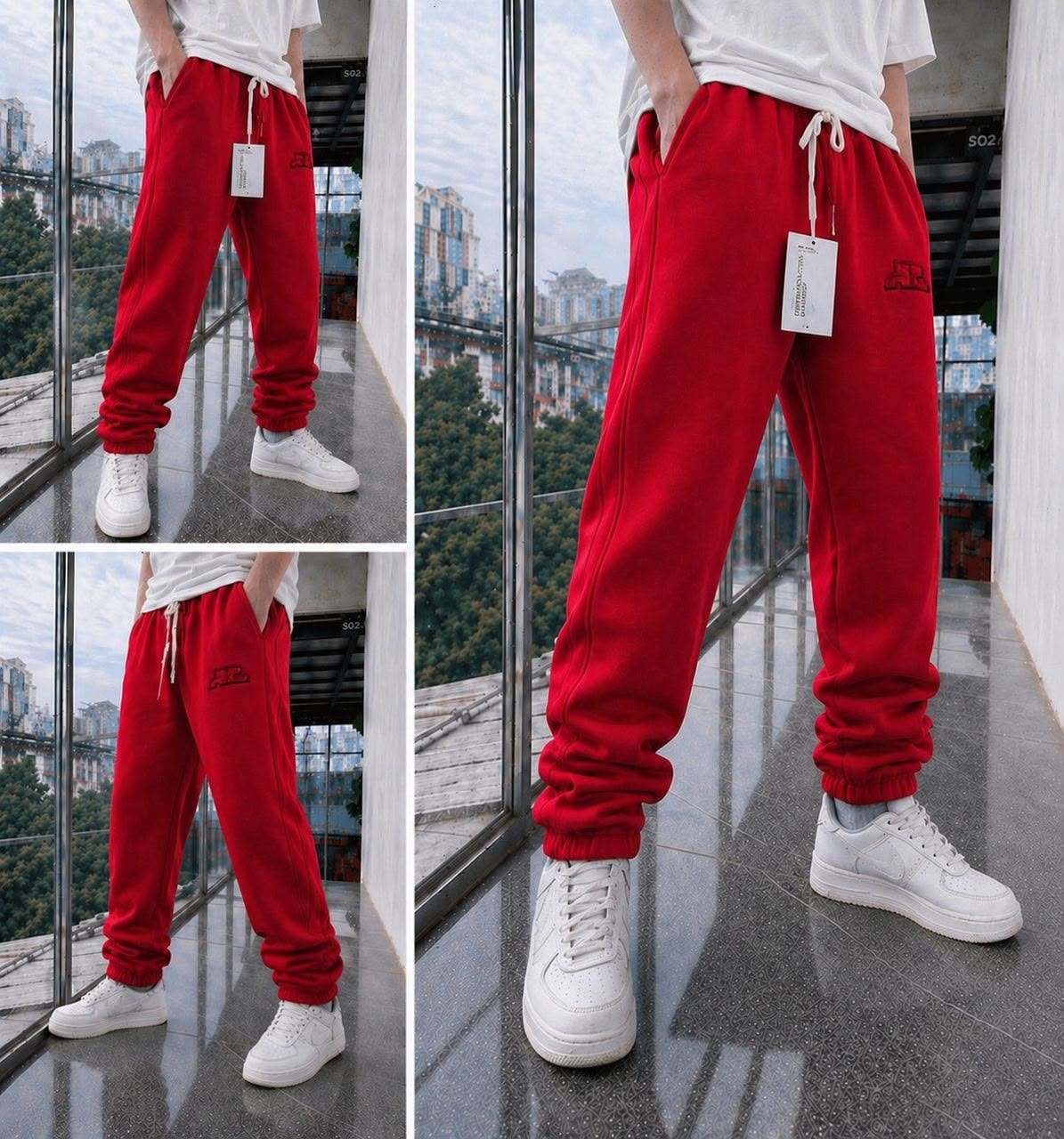 Red fleece joggers with embroidered logo, drawstring waist, and cuffed ankles worn with white tee and sneakers in multiple angles.