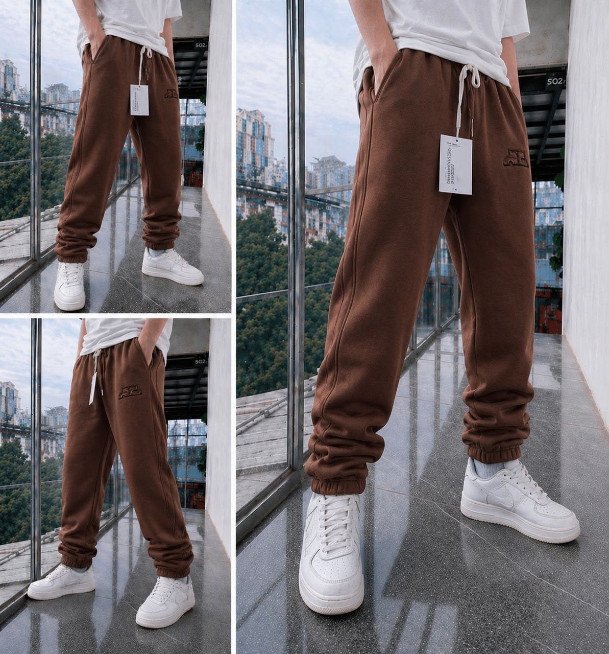 Brown fleece joggers with embroidered logo, drawstring waist, and cuffed ankles worn with white tee and sneakers in multiple angles.
