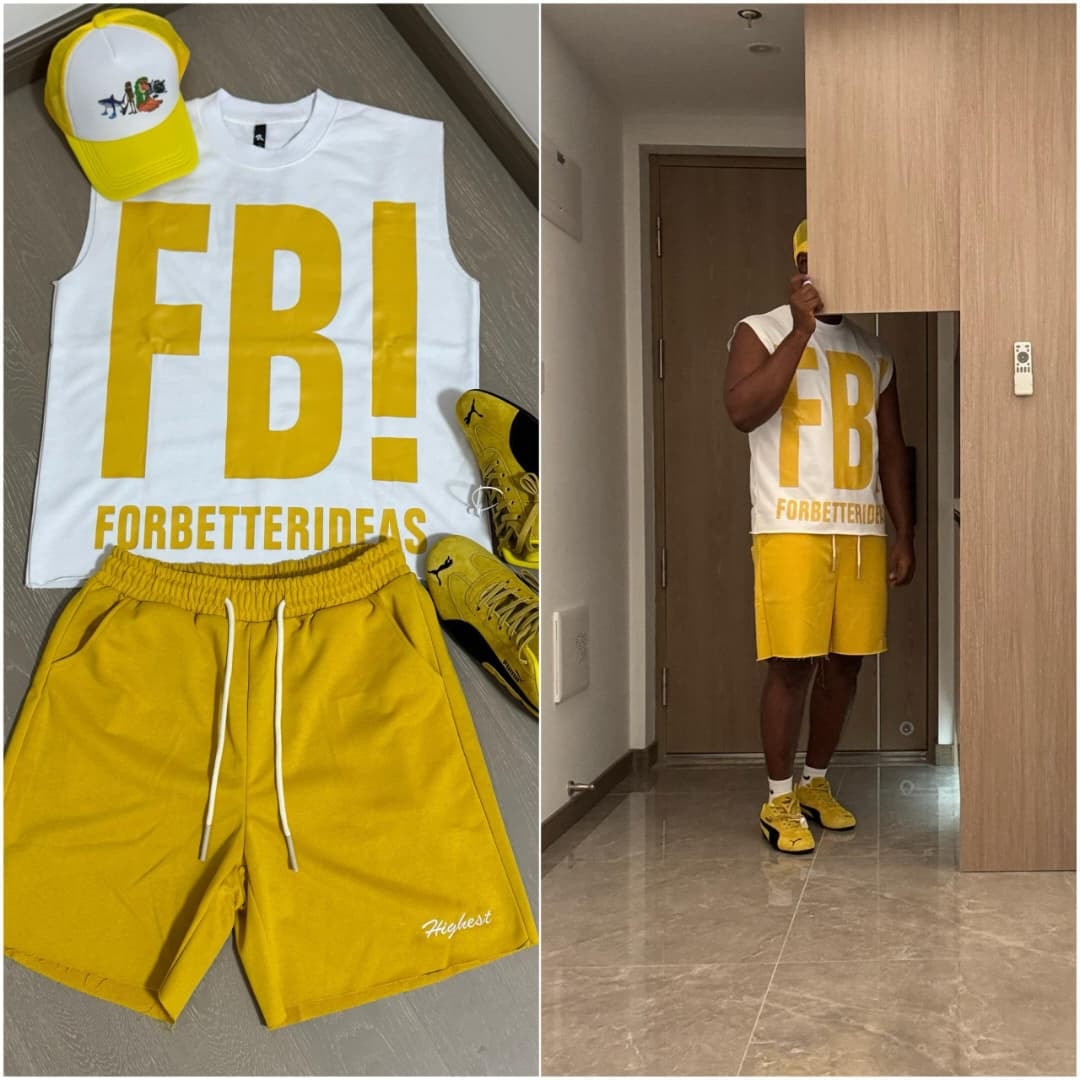Flat lay and model wearing white sleeveless top with yellow FB! graphic and yellow shorts set.