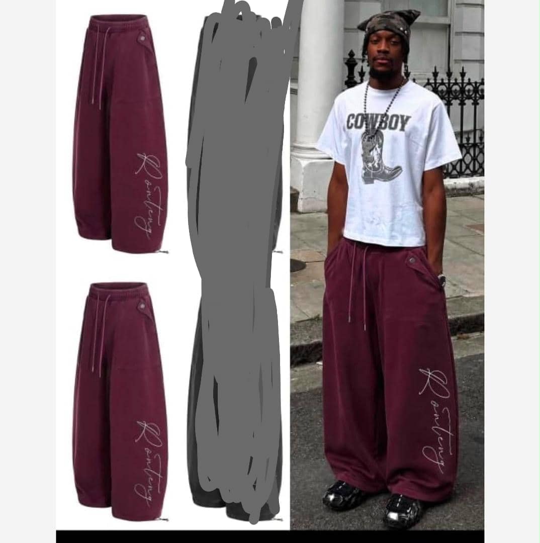 Multiple views of burgundy wide-leg cargo joggers with model wearing them.