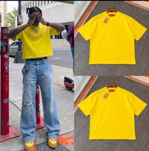 Model in yellow plain crop tee on street next to yellow t-shirt flat lays.