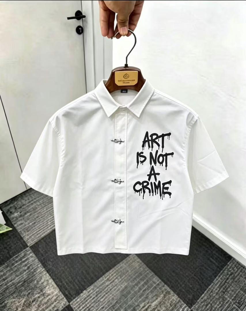 White short sleeve shirt with ART IS NOT A CRIME print.