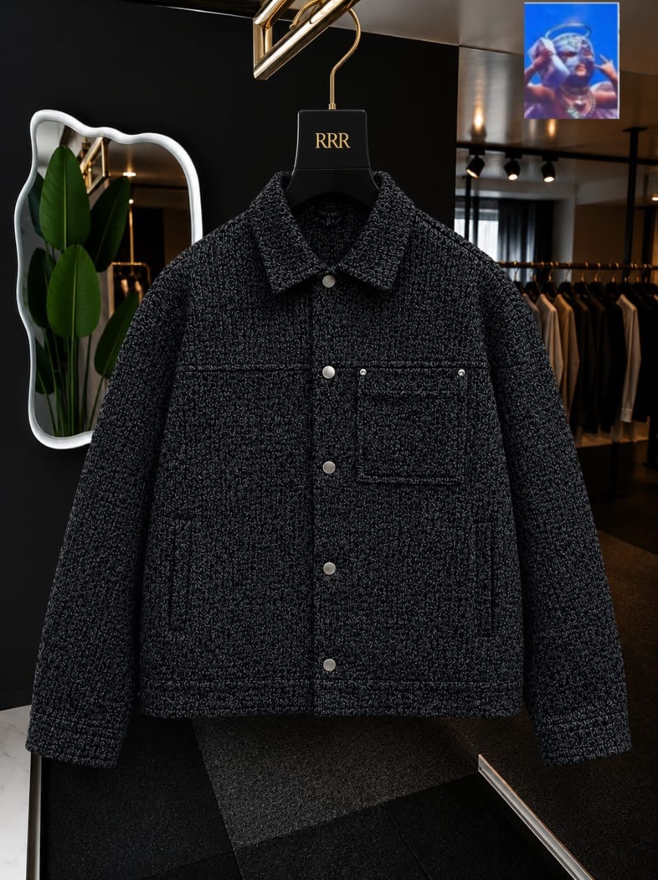 Black textured tweed button-up jacket with collar and flap pockets on a hanger in a retail space.