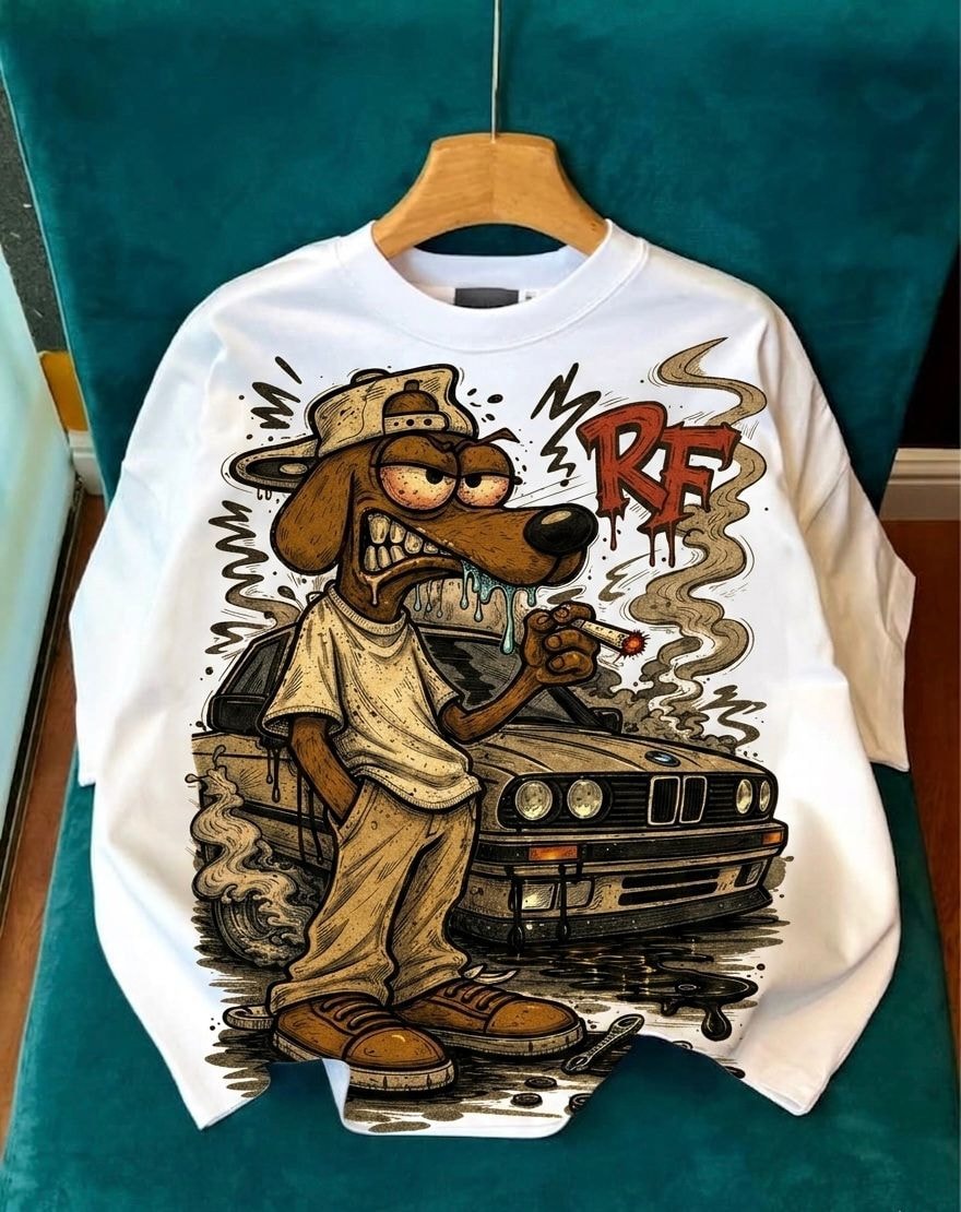 White long sleeve tee with cartoon dog character smoking next to a car and RF text.