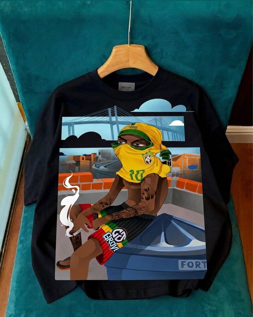 Black long sleeve tee with graphic of a man in yellow bandana and face cover sitting on a car.