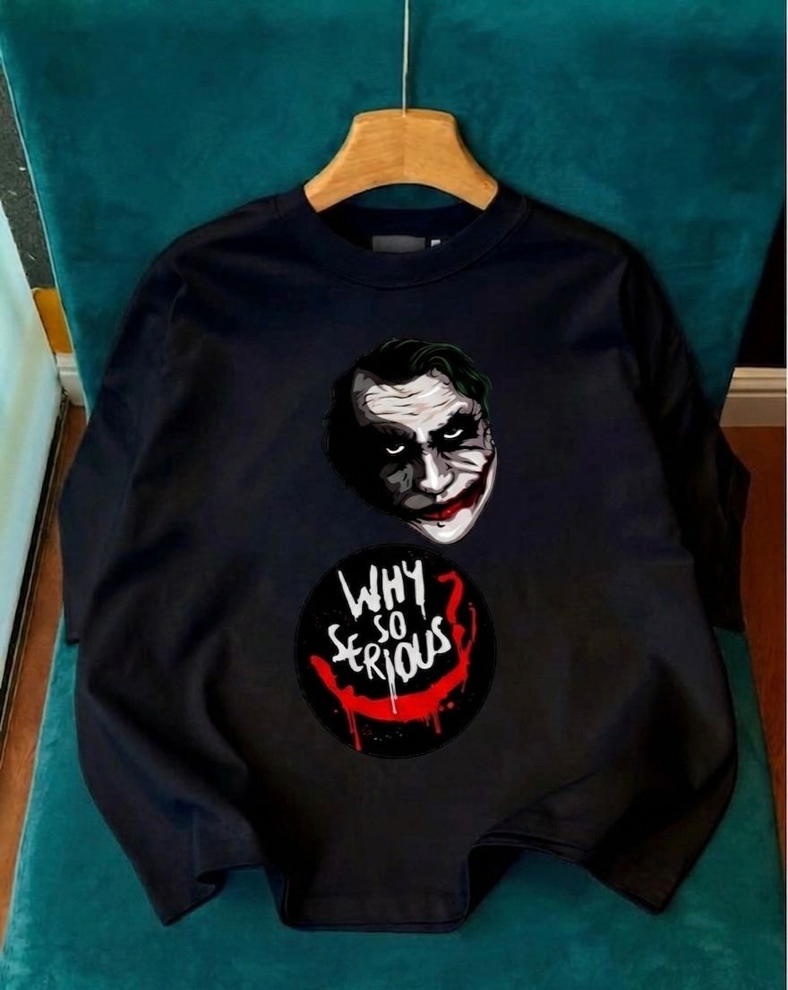 Black long sleeve tee with Joker face graphic and Why So Serious circular text.