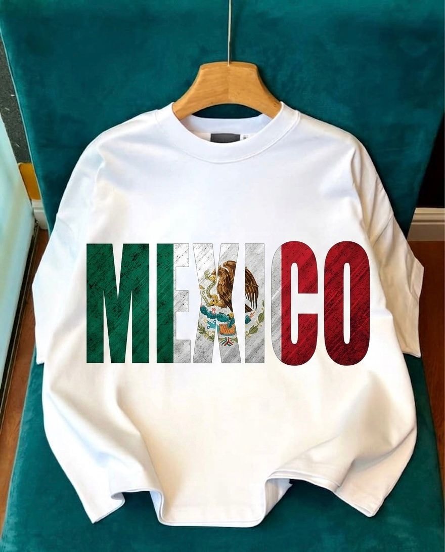 White long sleeve tee with large MEXICO text using Mexican flag colors and emblem.