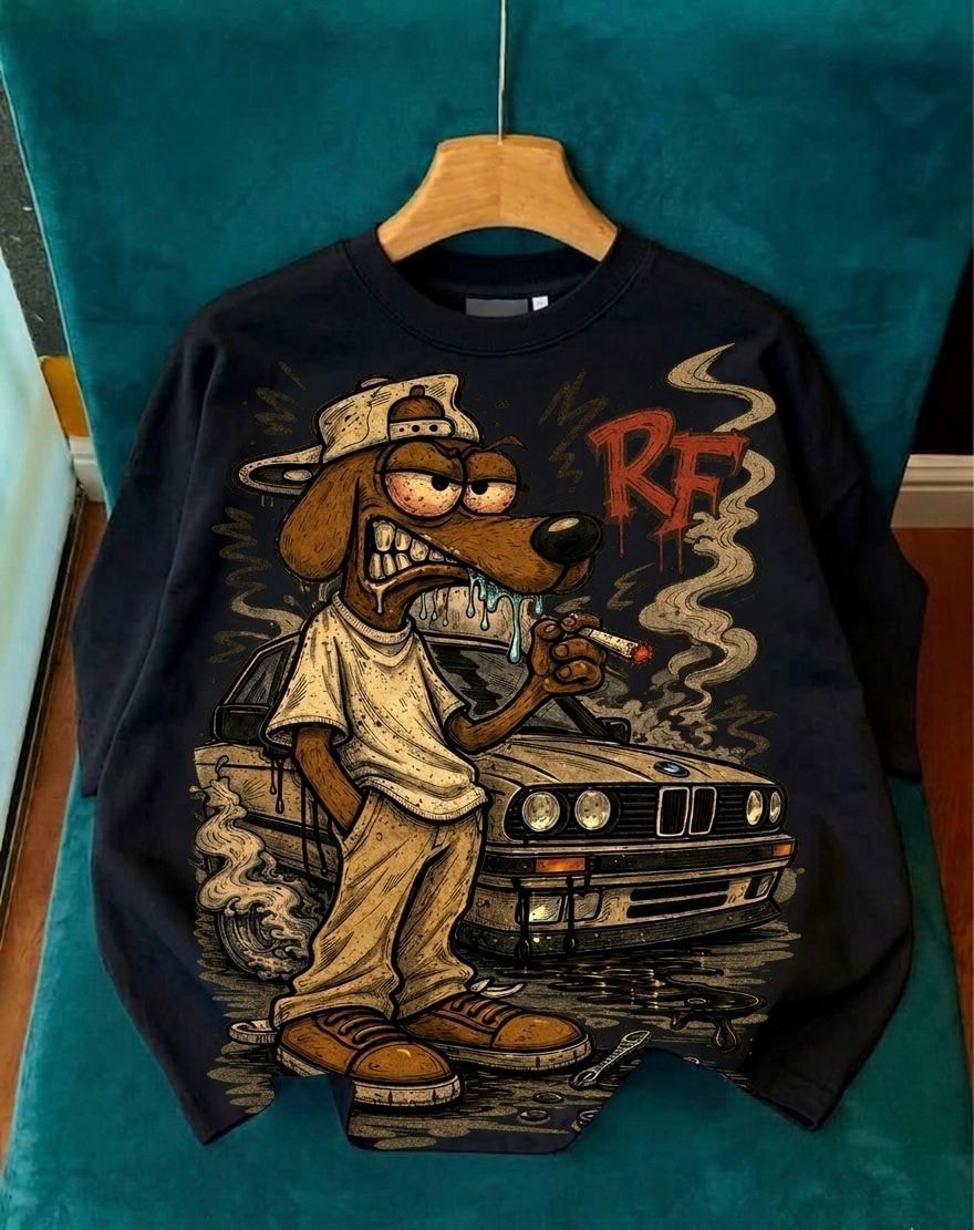Black long sleeve tee with cartoon dog character smoking next to a car and RF text.