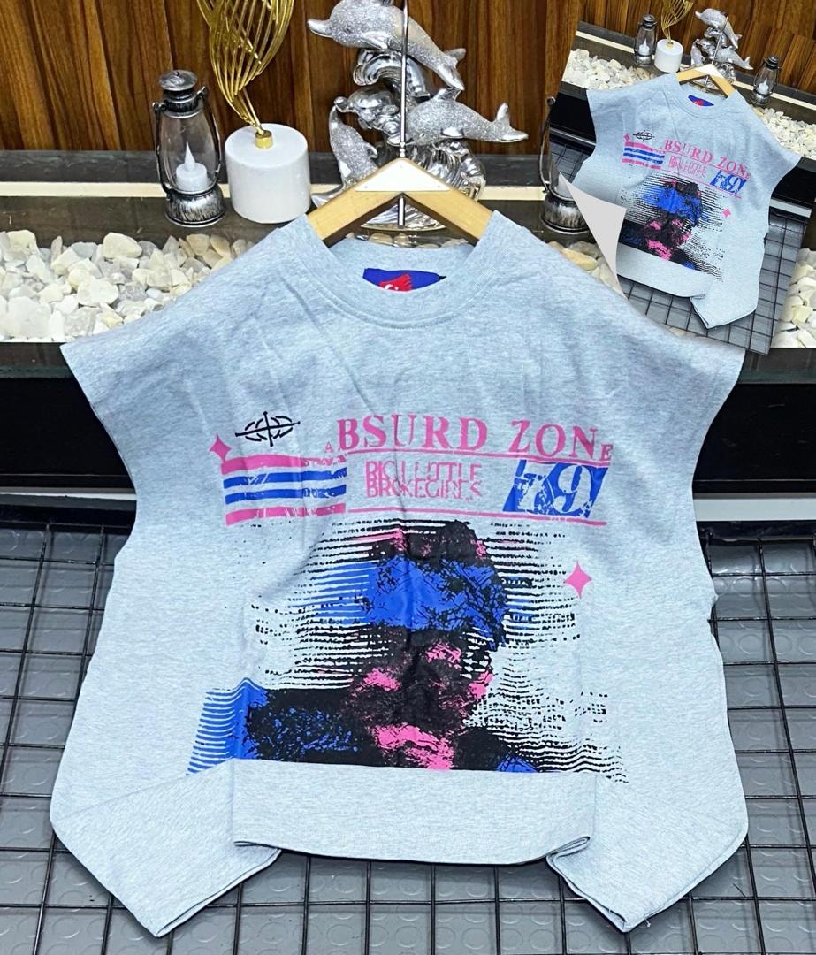 Gray armless sweatshirt with Bsurd Zone text and face graphic.