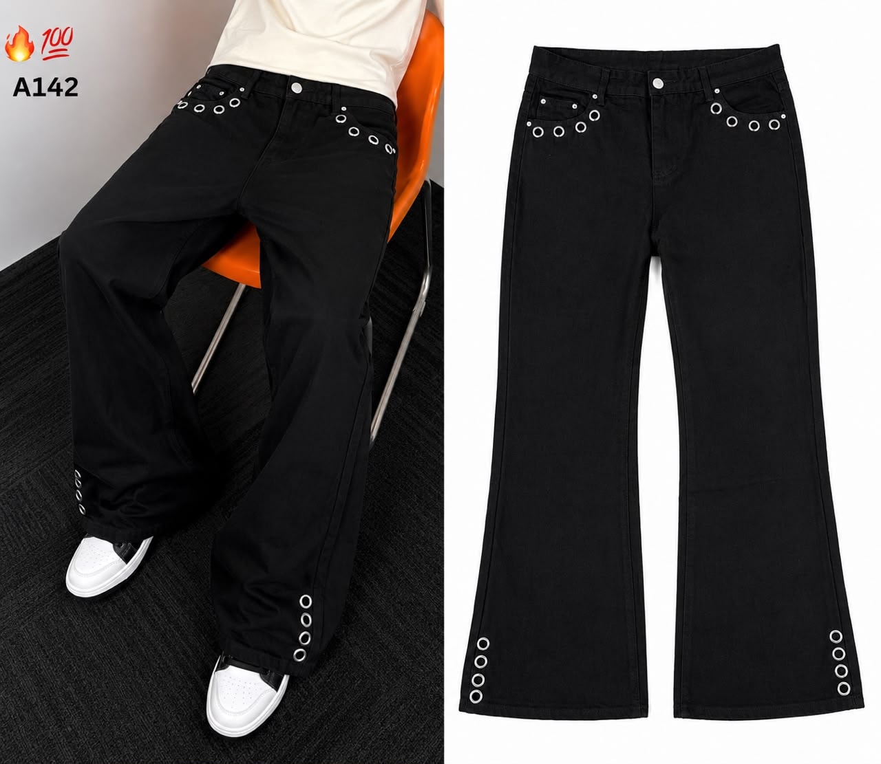 Person wearing black grommet detail baggy jeans and front flat view.