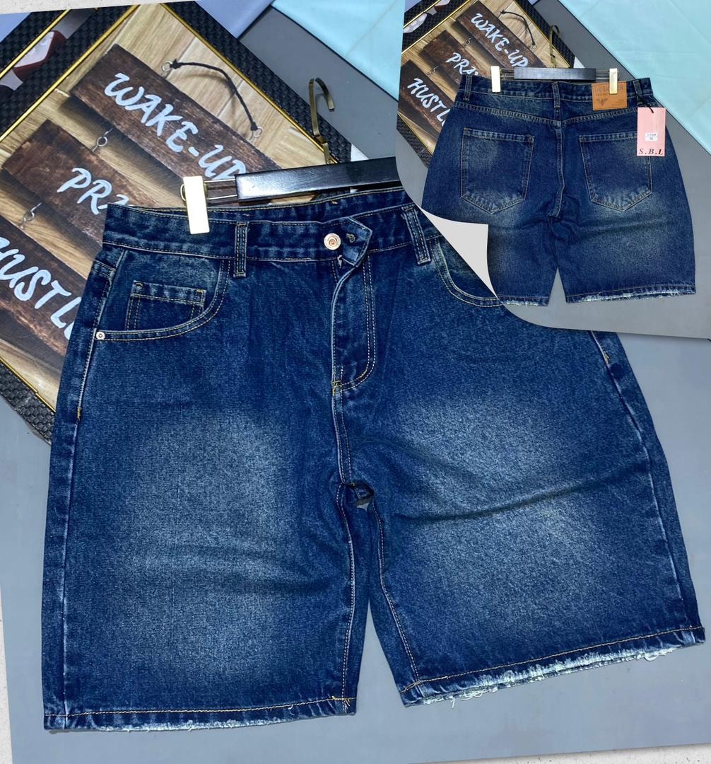 Blue denim shorts with frayed hem shown in front and back views.