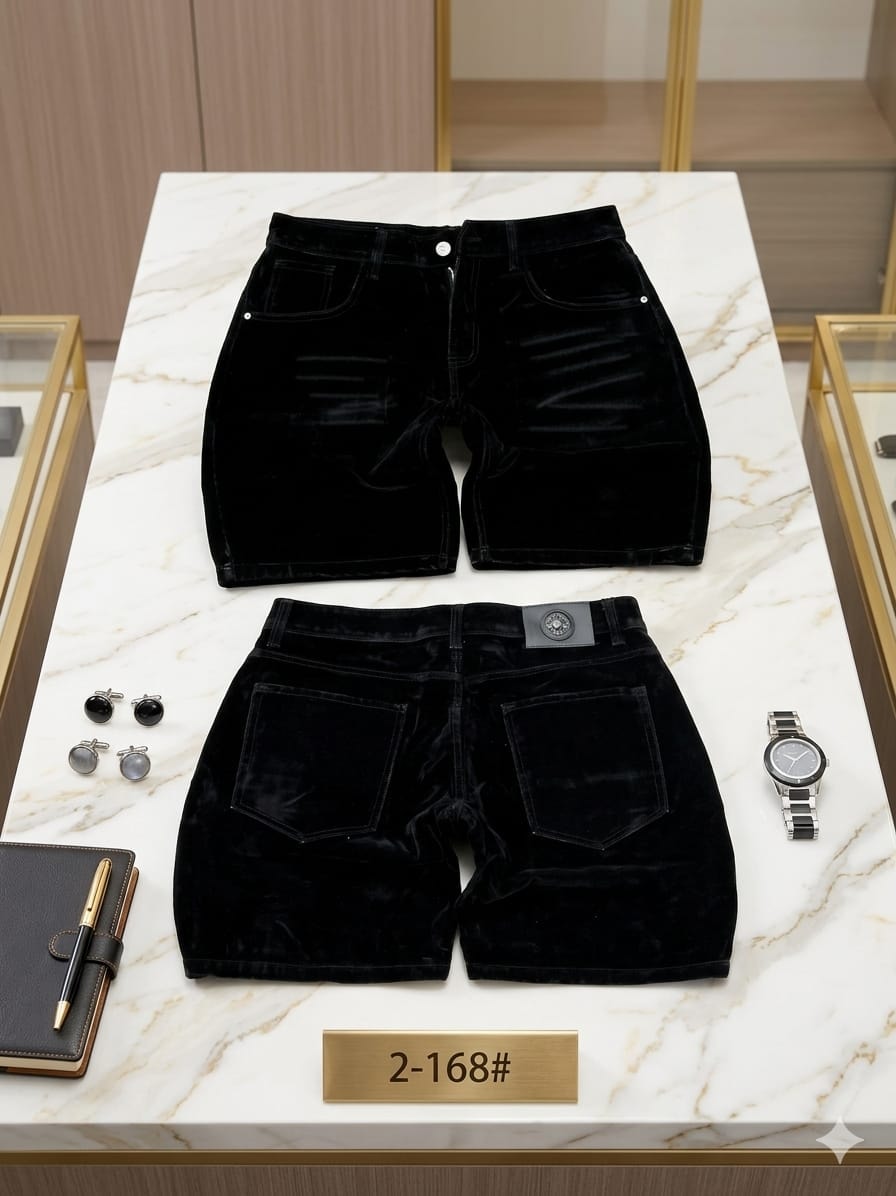 Front and back views of black corduroy shorts on marble table with accessories and style plaque.