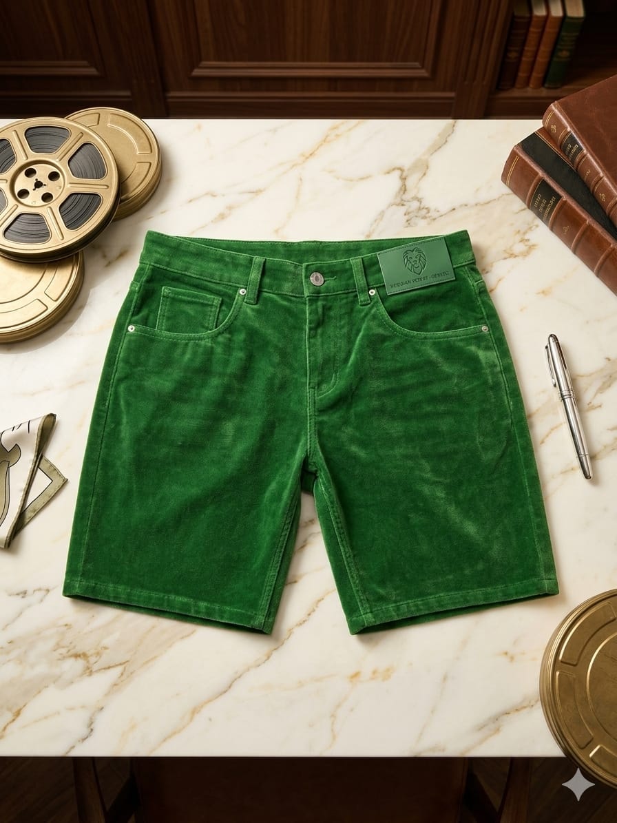 Front view of green corduroy shorts styled on marble table with film reels and books.