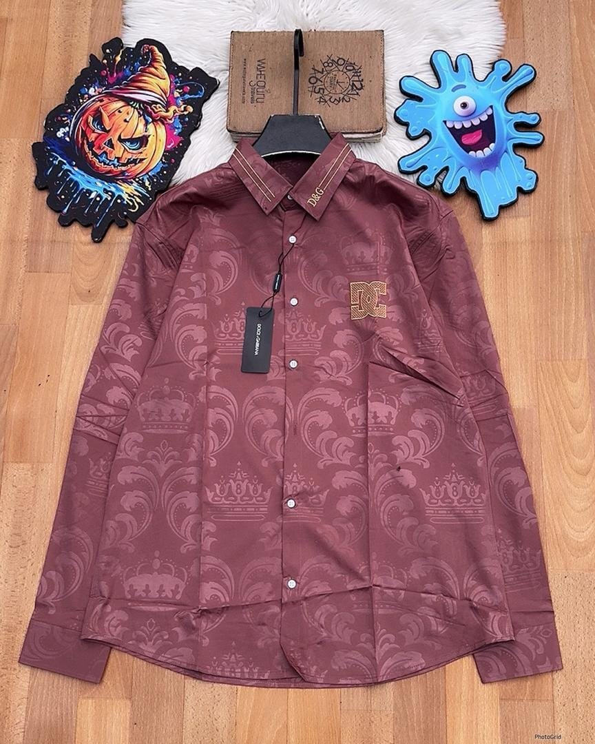 Burgundy long sleeve D&G crown pattern shirt with chest logo.