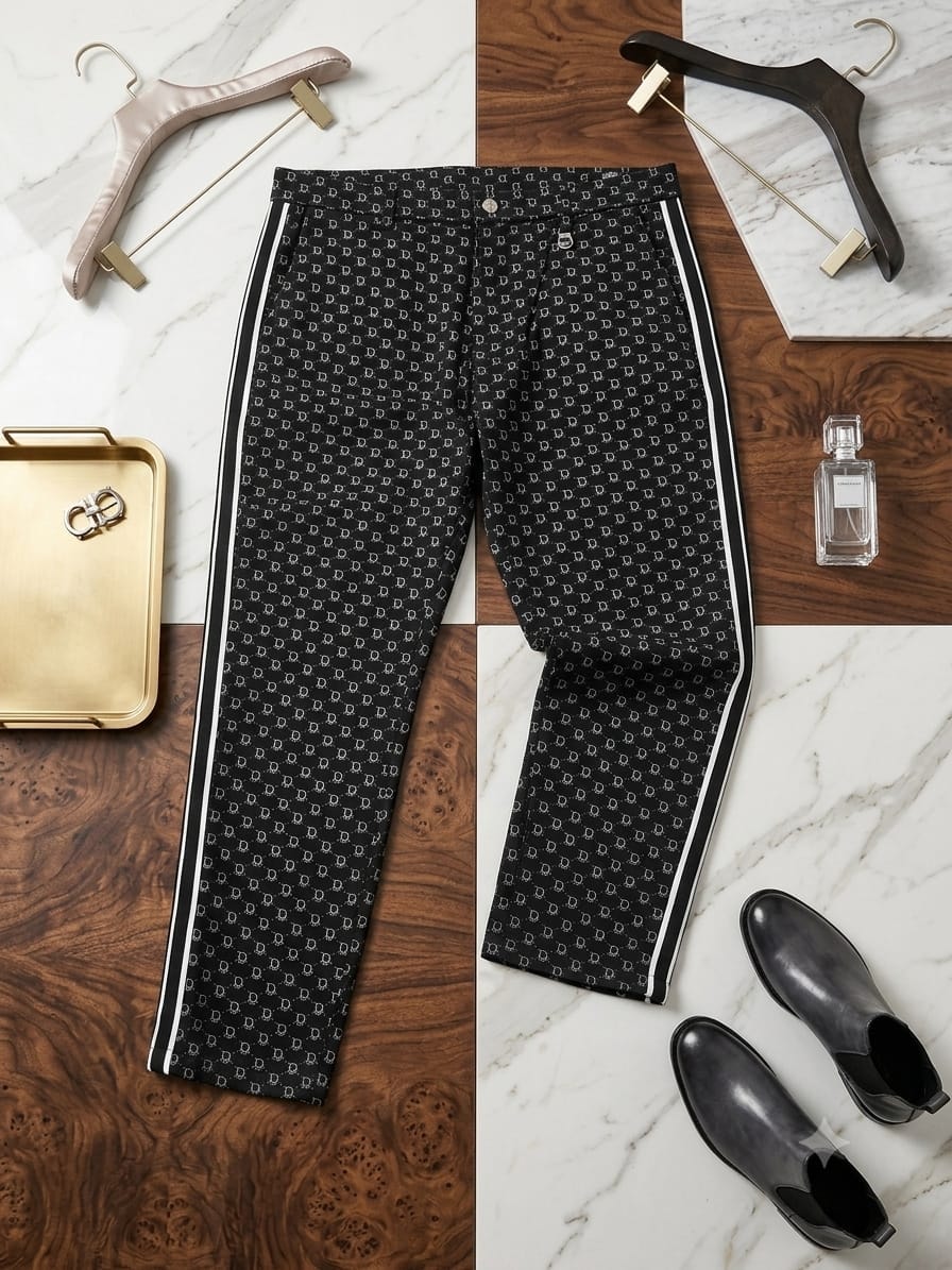 Black monogram patterned trousers with side stripes on split marble and wood background with accessories.