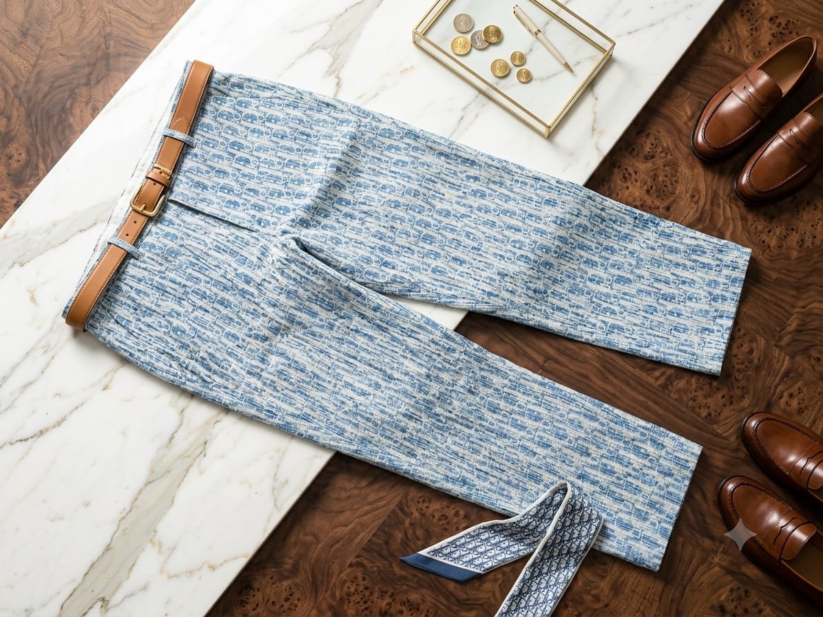 Blue and white patterned trousers on marble surface with belt, shoes and accessories.