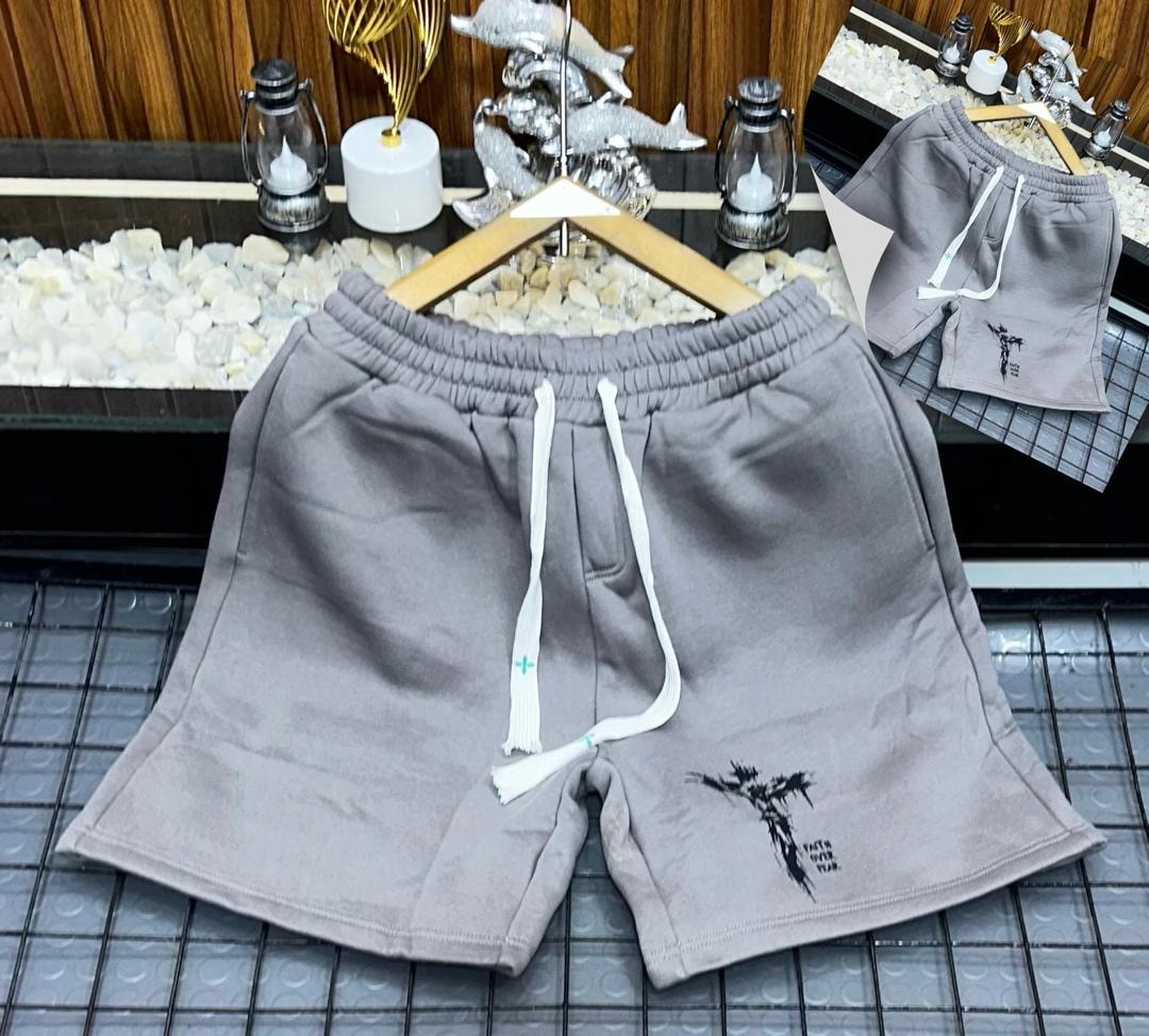 Gray fleece shorts with black cross and Faith Over Fear print.