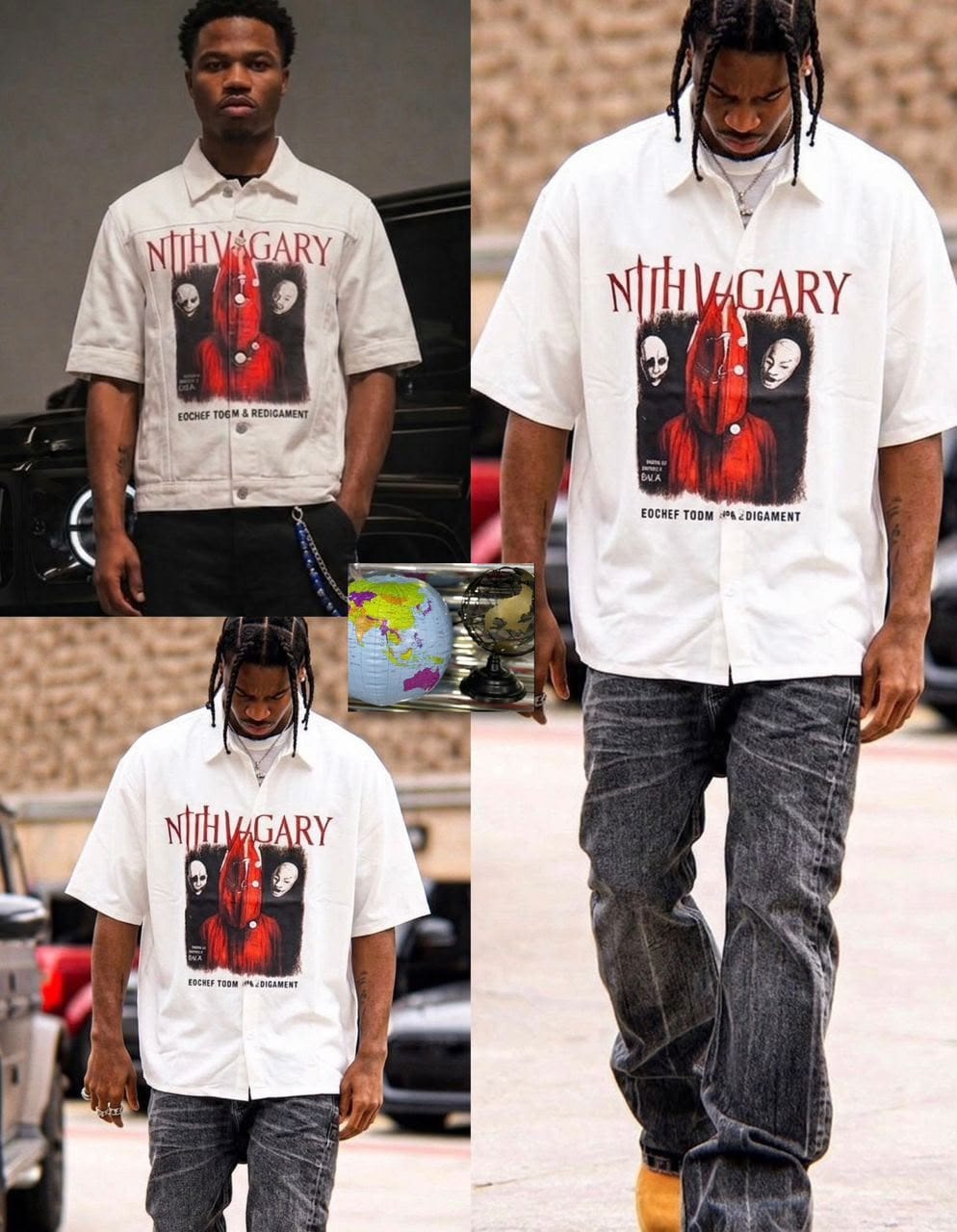 White short sleeve button-up shirt with NTHVAGARY red hooded graphic and skulls, shown on model with black pants.