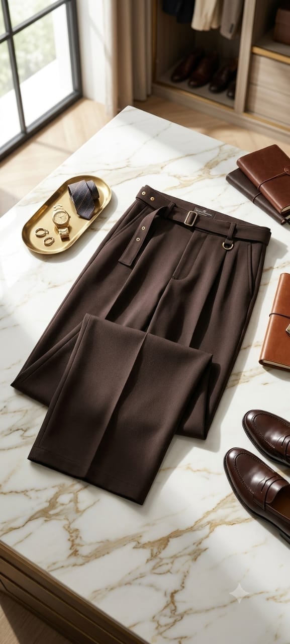 Dark brown high-waisted flare trousers on marble table with accessories.
