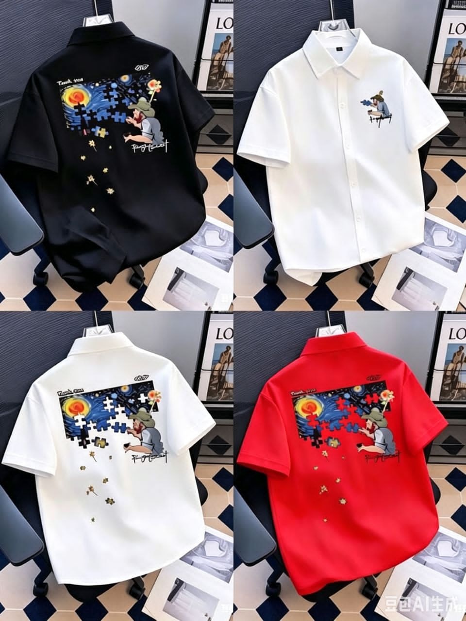 Collage showing short sleeve button-up shirts in black, white, and red with large colorful back graphic print and small chest detail.