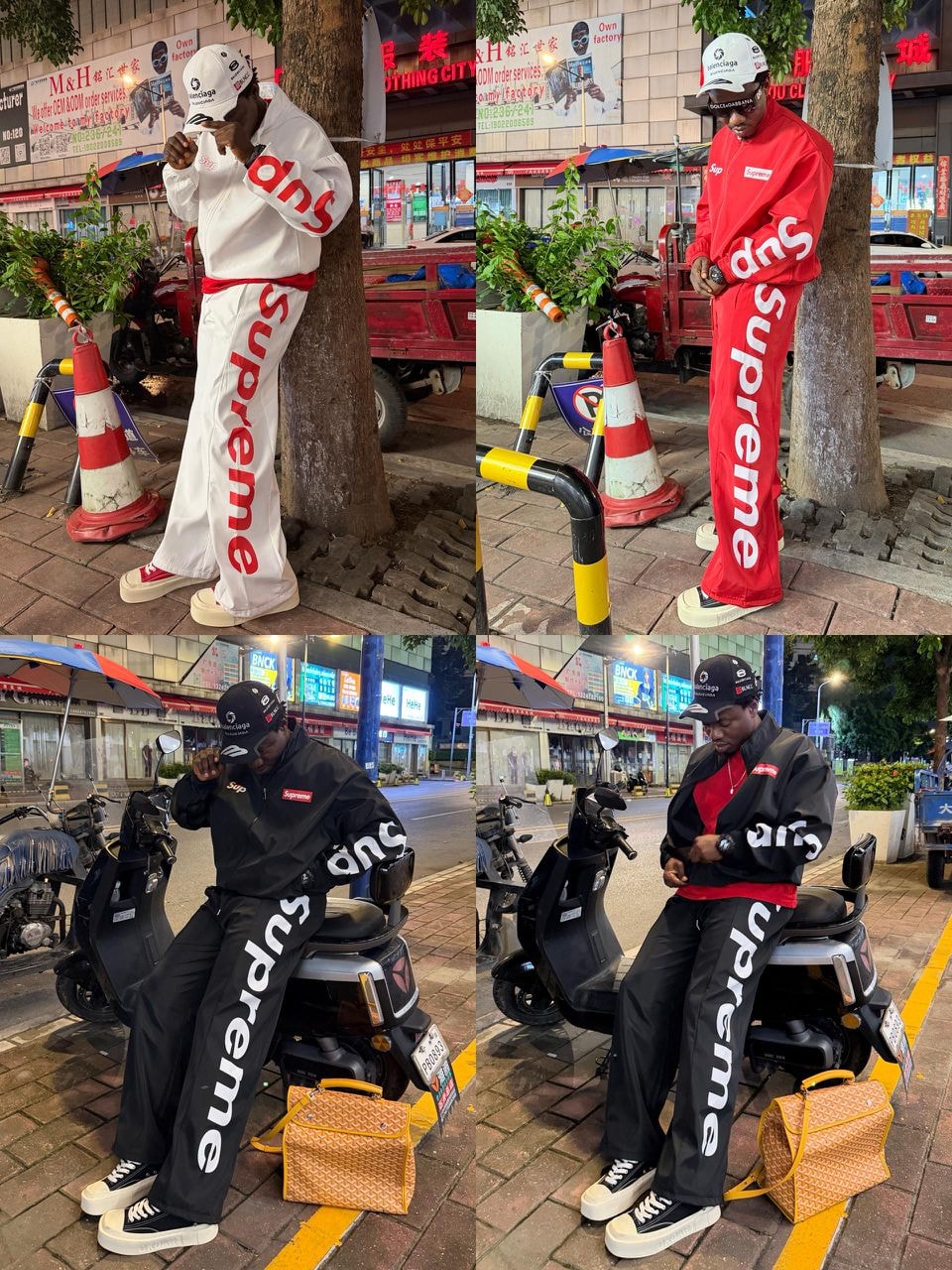 Collage showing Supreme two-piece tracksuits in white, red, and black colorways.