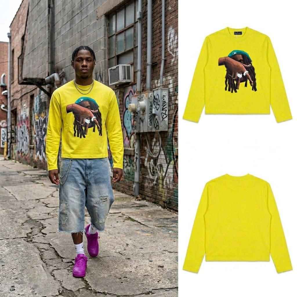 Yellow long sleeve sweatshirt with dreadlocks graphic shown on model and in flat lays.