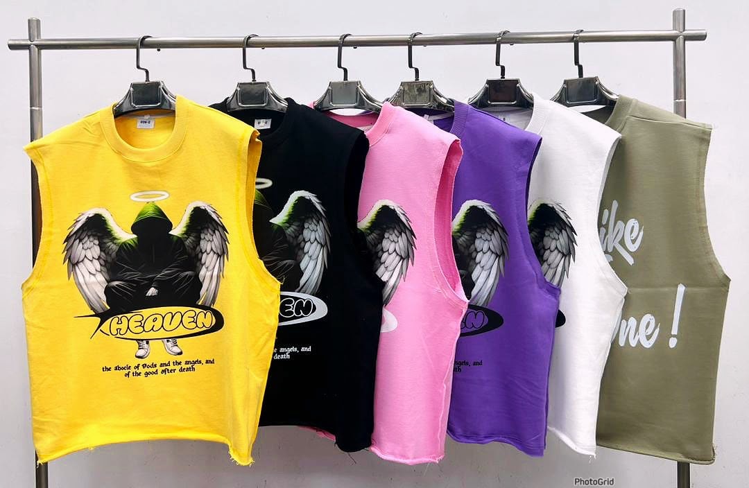 Six cropped armless tees in yellow, black, pink, purple, white and olive with Heaven angel wings graphic.