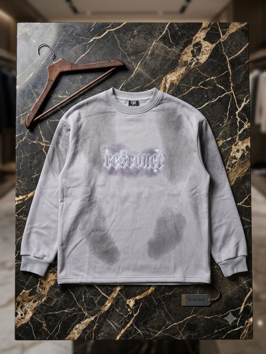 Light gray bleached sweatshirt with white gothic 'reSronet' print and tag on marble surface.