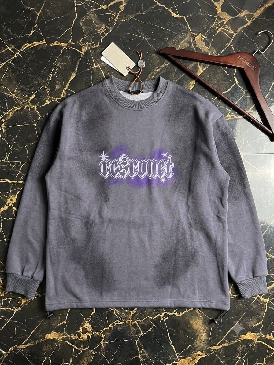 Gray bleached sweatshirt with gothic text print laid flat on dark marble with wooden hanger.