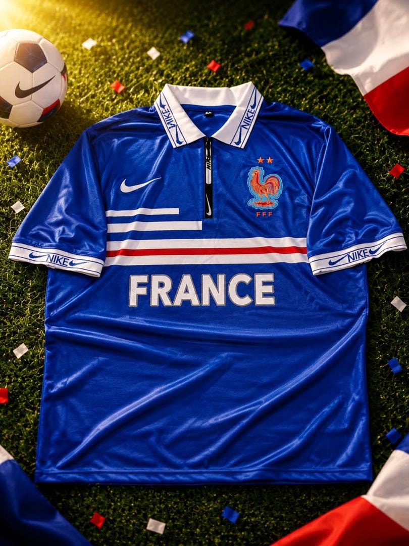 Blue Nike France football jersey on grass with flag and football.