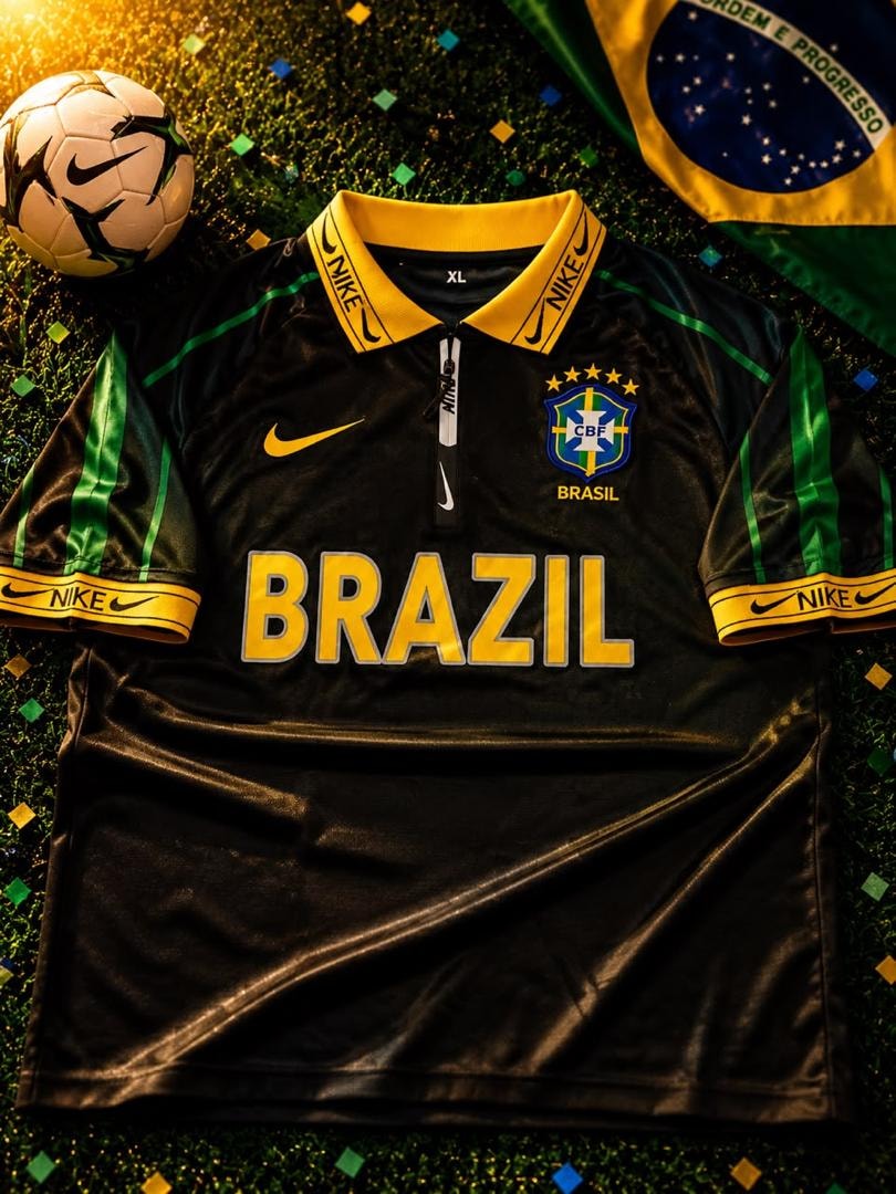 Black Nike Brazil football jersey with yellow accents, CBF crest and BRAZIL text on grass.