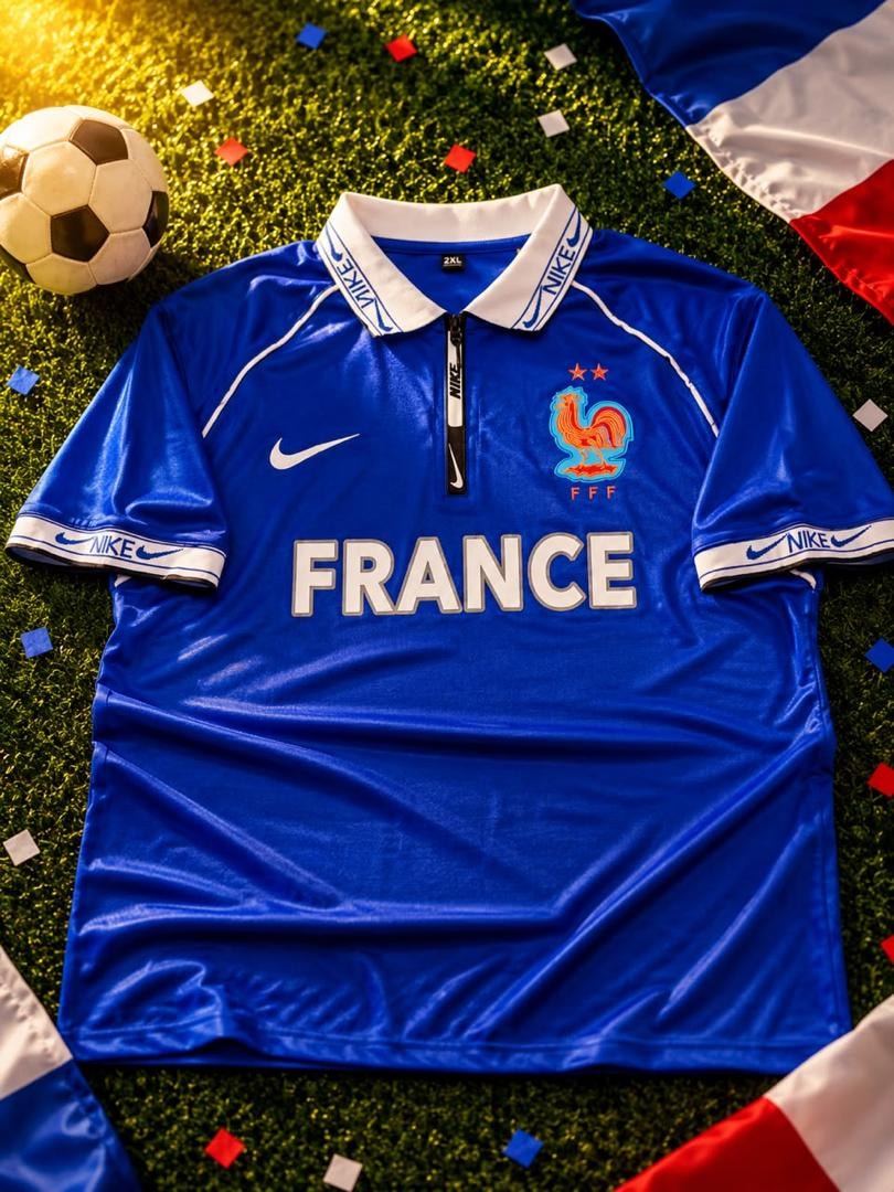 Blue Nike France football jersey with rooster crest, FRANCE text and zip collar on grass.