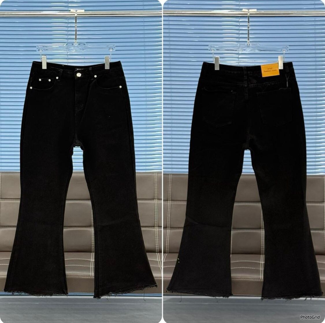Black flared jeans with small studs on front waistband, shown in front and back views on hangers.