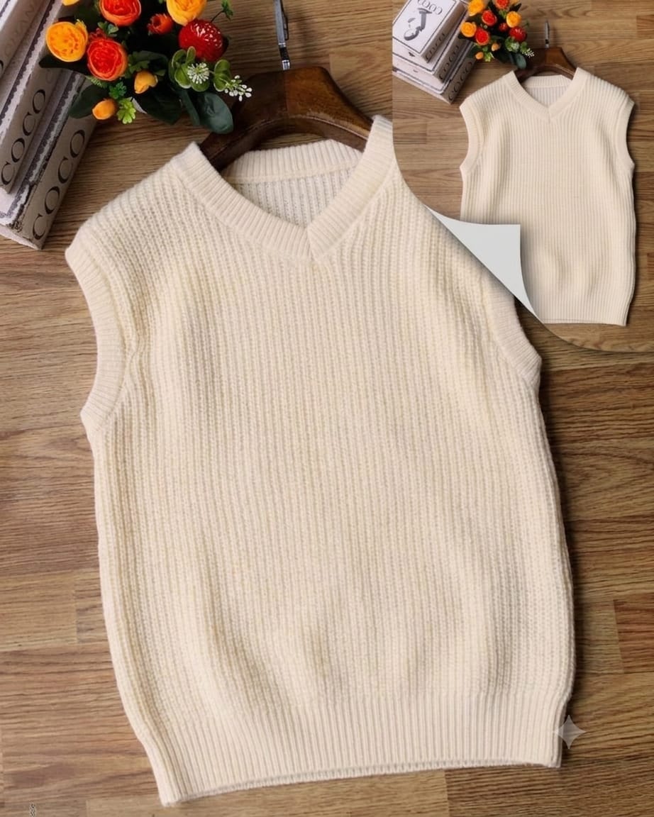 Cream ribbed V-neck armless cardi on wooden floor with floral arrangement.