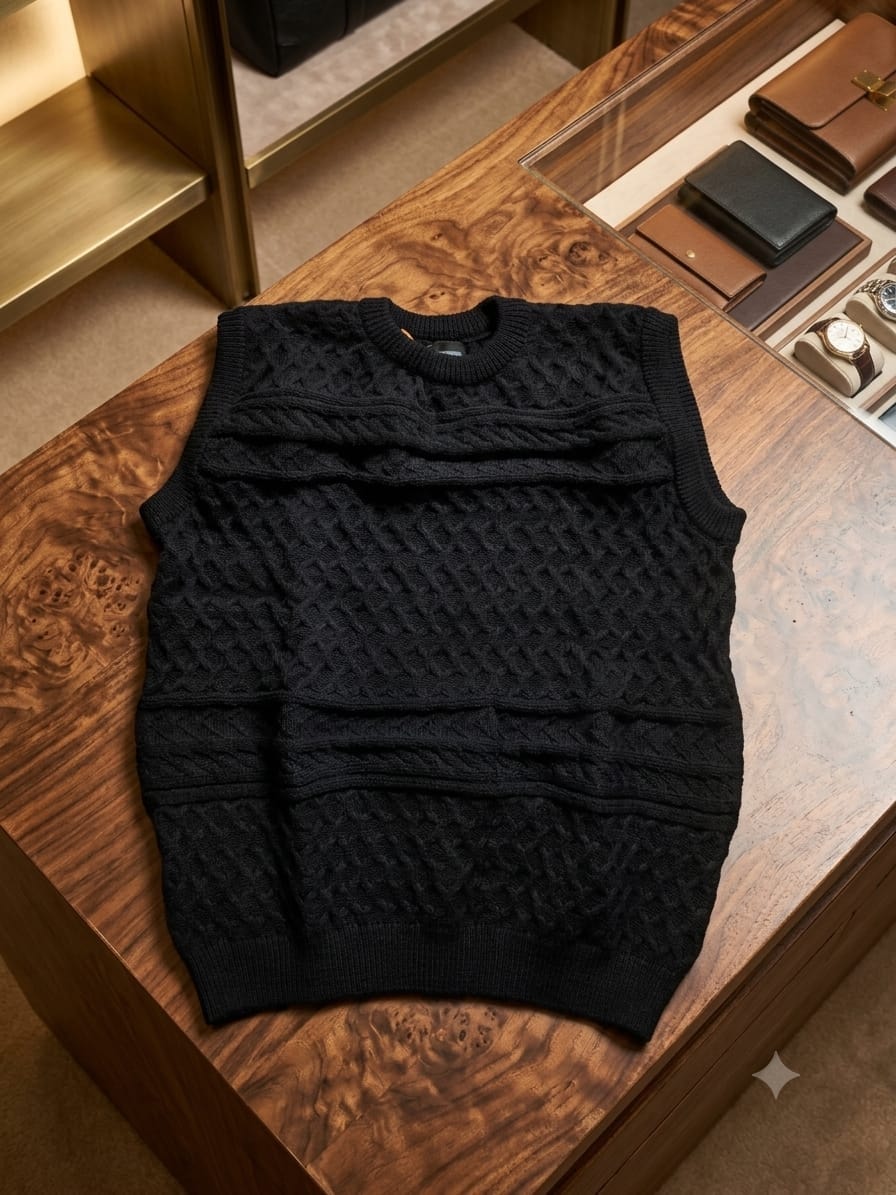 Black cable knit crew neck armless cardi on luxury wooden display with accessories.